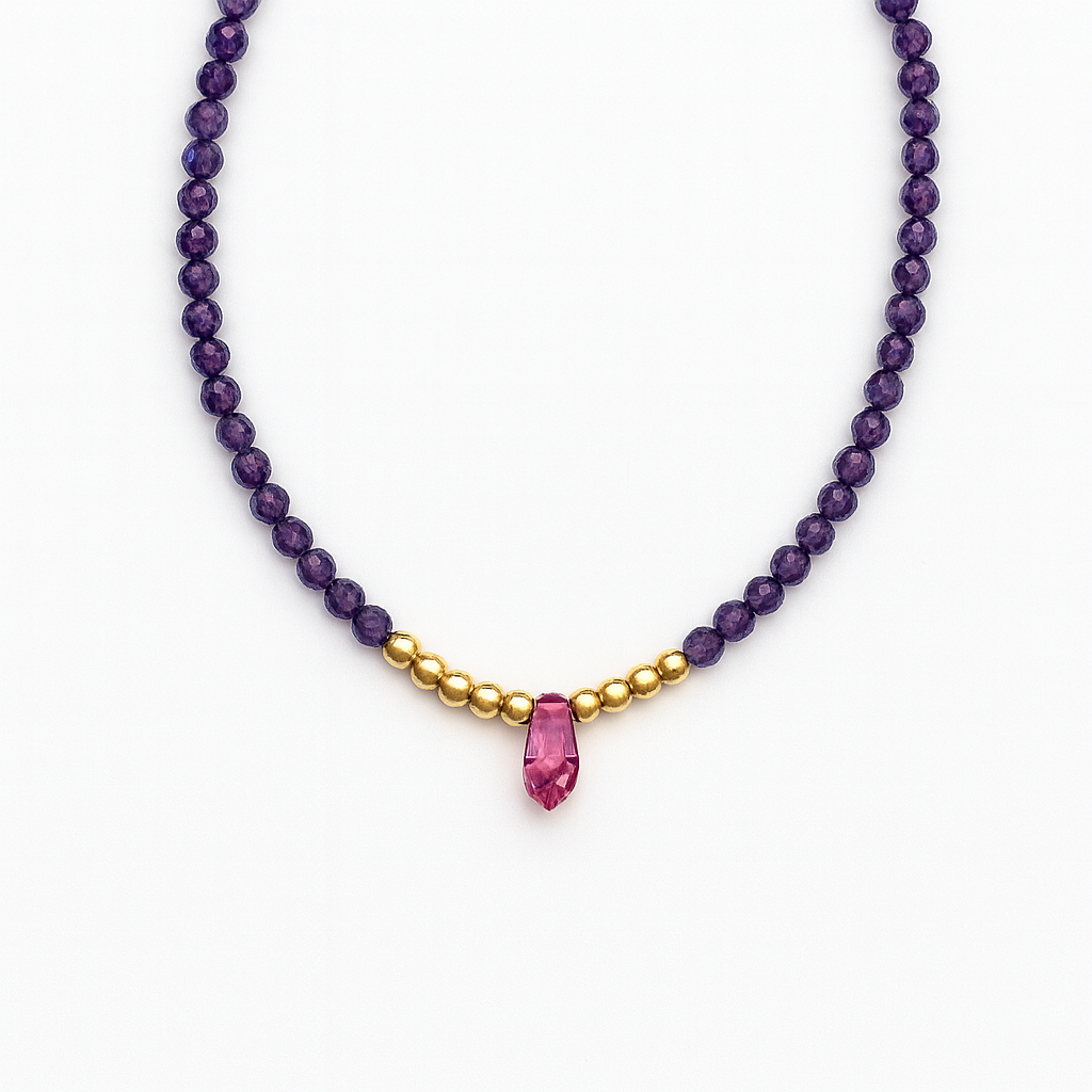 Χειροποίητο Κολιέ με Αμέθυστο, Ροζ Κρύσταλλο & Επιχρυσωμένες Ασημένιες Λεπτομέρειες