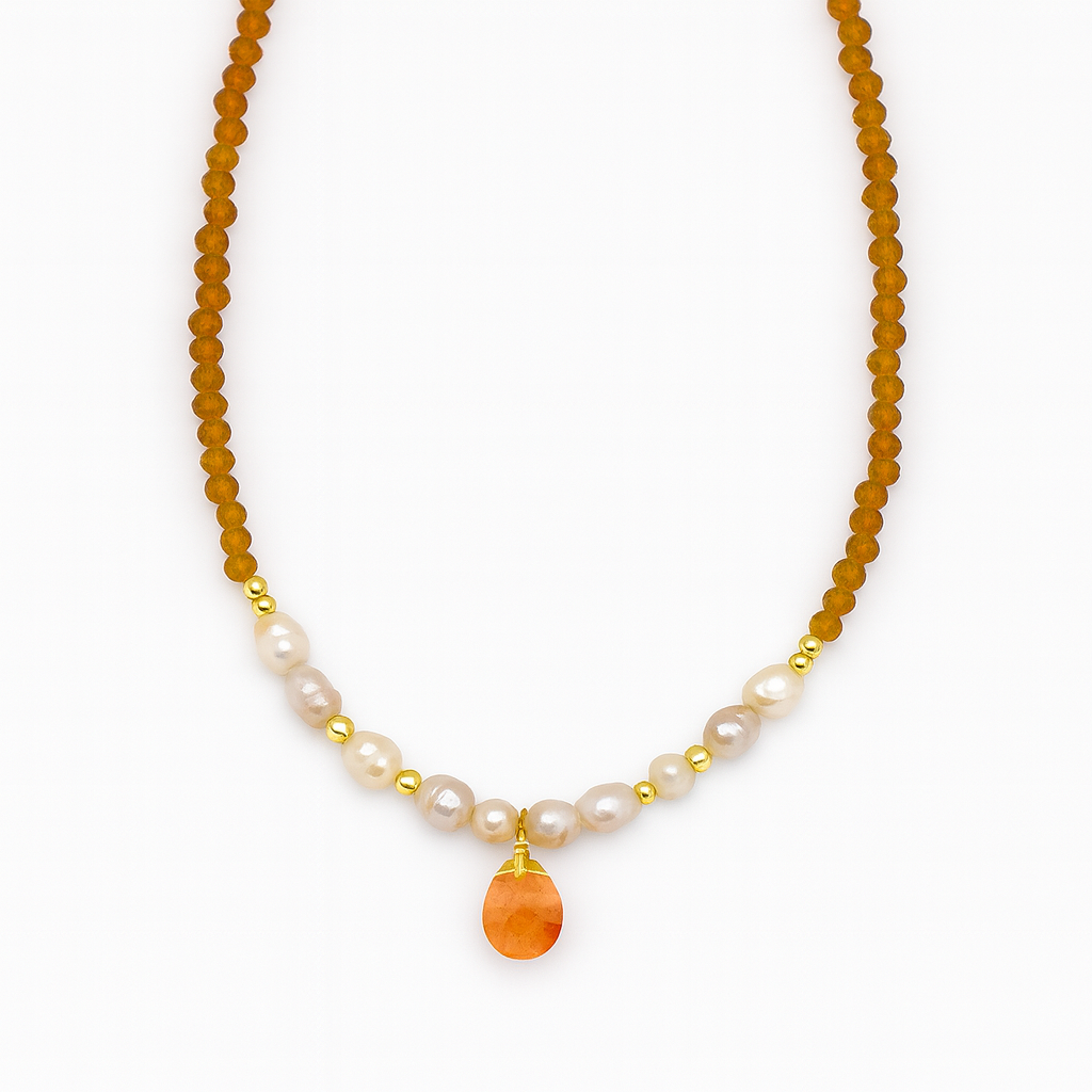 Χειροποίητο Κολιέ 925 με Μαργαριτάρια, Κορνεόλη & Κρυστάλλινες Χάντρες