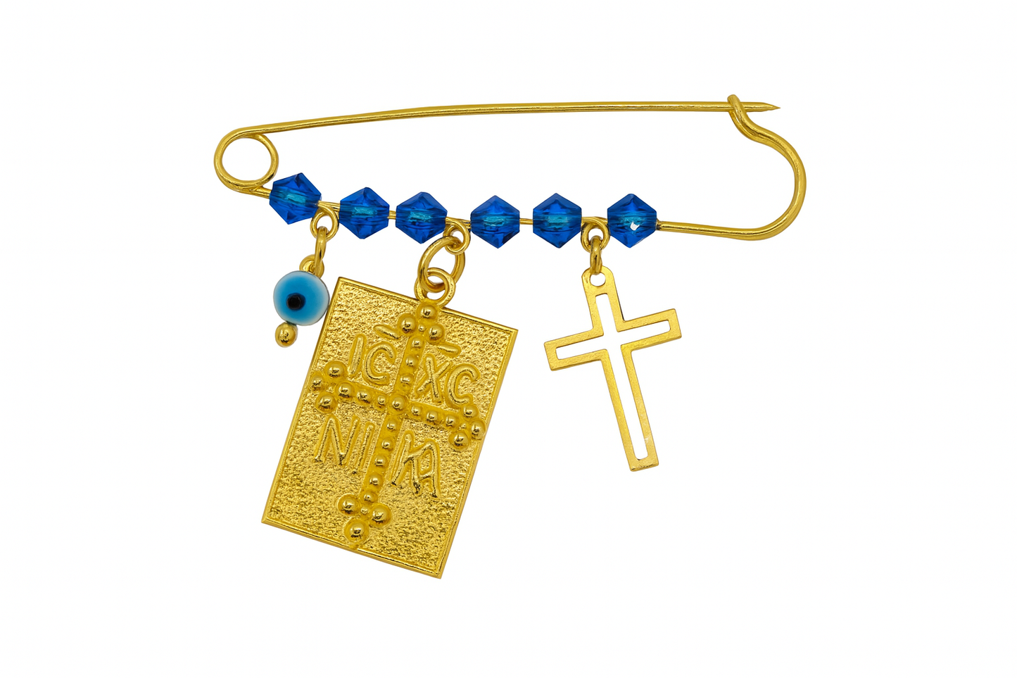 Silver Gold Plated Safety Pin with Constantine, Cross & Eye – Amulet for Newborn or Baptism
