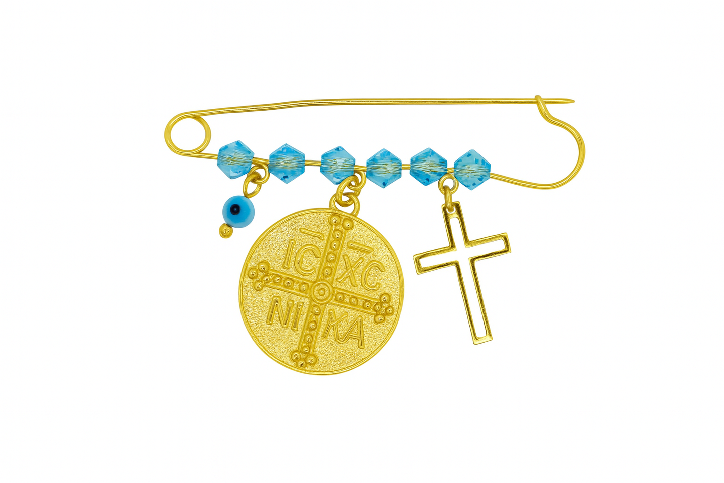 Silver Gold Plated Safety Pin with Constantine, Cross & Eye – Amulet for Newborn or Baptism