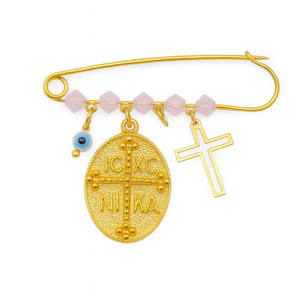 Ασημένια Επιχρυσωμένη Παραμάνα με Κωνσταντινάτο, Ροζ Κρυστάλλινες Χάντρες, Σταυρό & Μάτι – Φυλαχτό για Κορίτσι