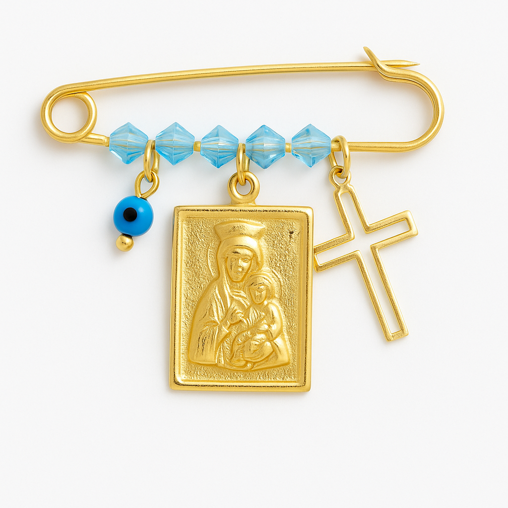 Silver Gold Plated Safety Pin with Virgin Mary, Cross & Eye – Amulet for Boy with Turquoise Crystal Beads