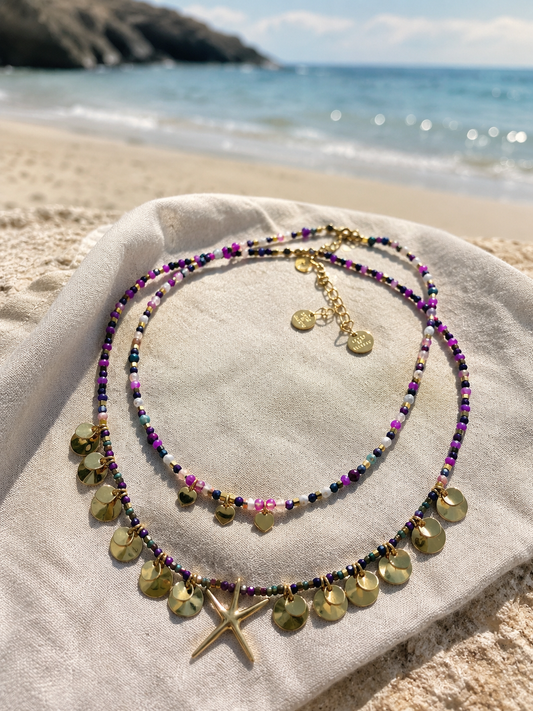 “Summer Heart Beaded” Χειροποίητο Κολιέ με Ημιπολύτιμες Πέτρες και Κρεμαστές Καρδούλες