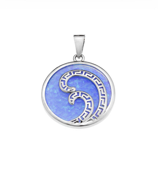 Ασημένιο Κολιέ με Γαλάζιο Οπάλ και Μοτίβο Κύμα & Μαίανδρο – Μενταγιόν 925 με Ελληνική Έμπνευση