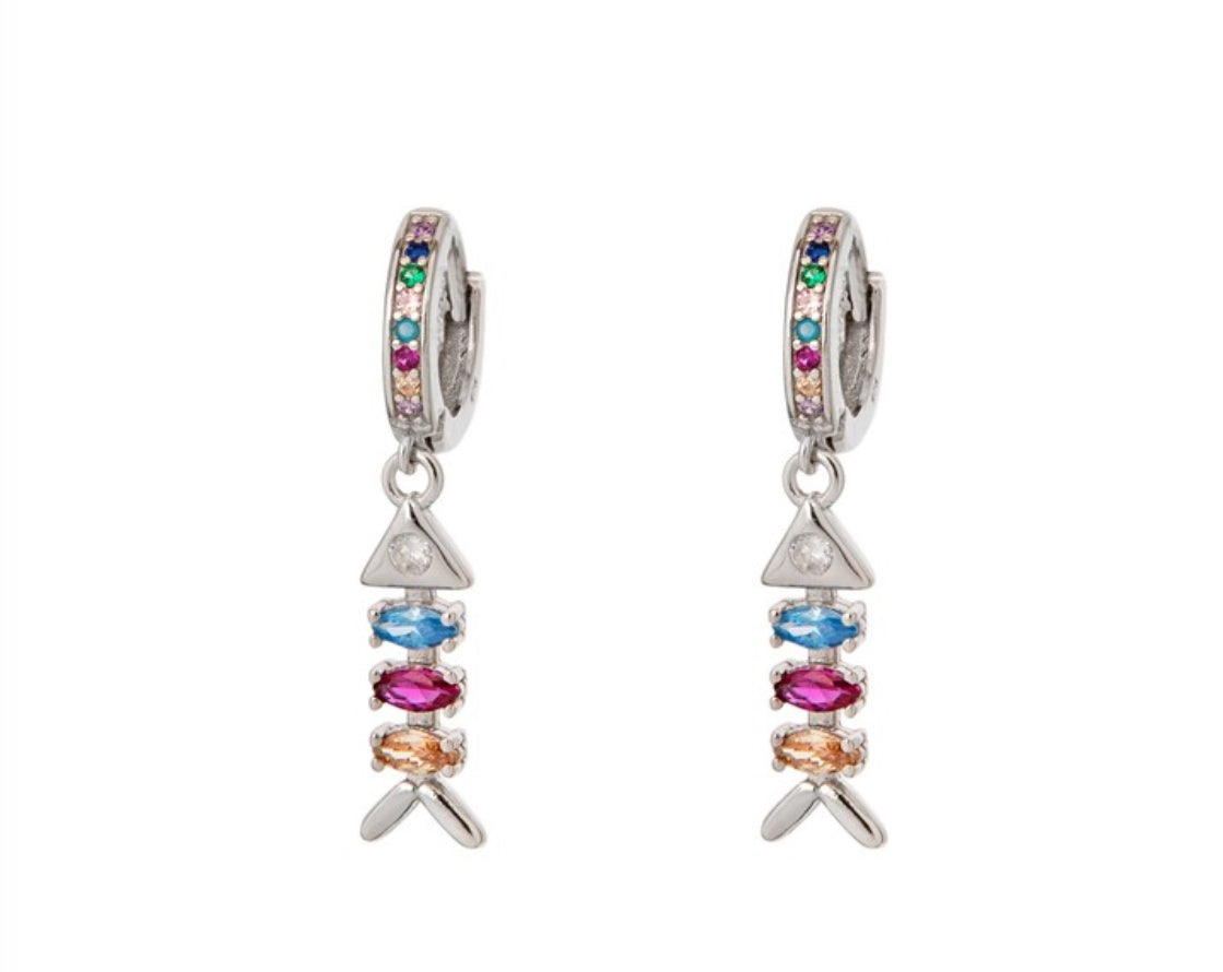 Silver Fish Earrings with Zirconia – Multicolored