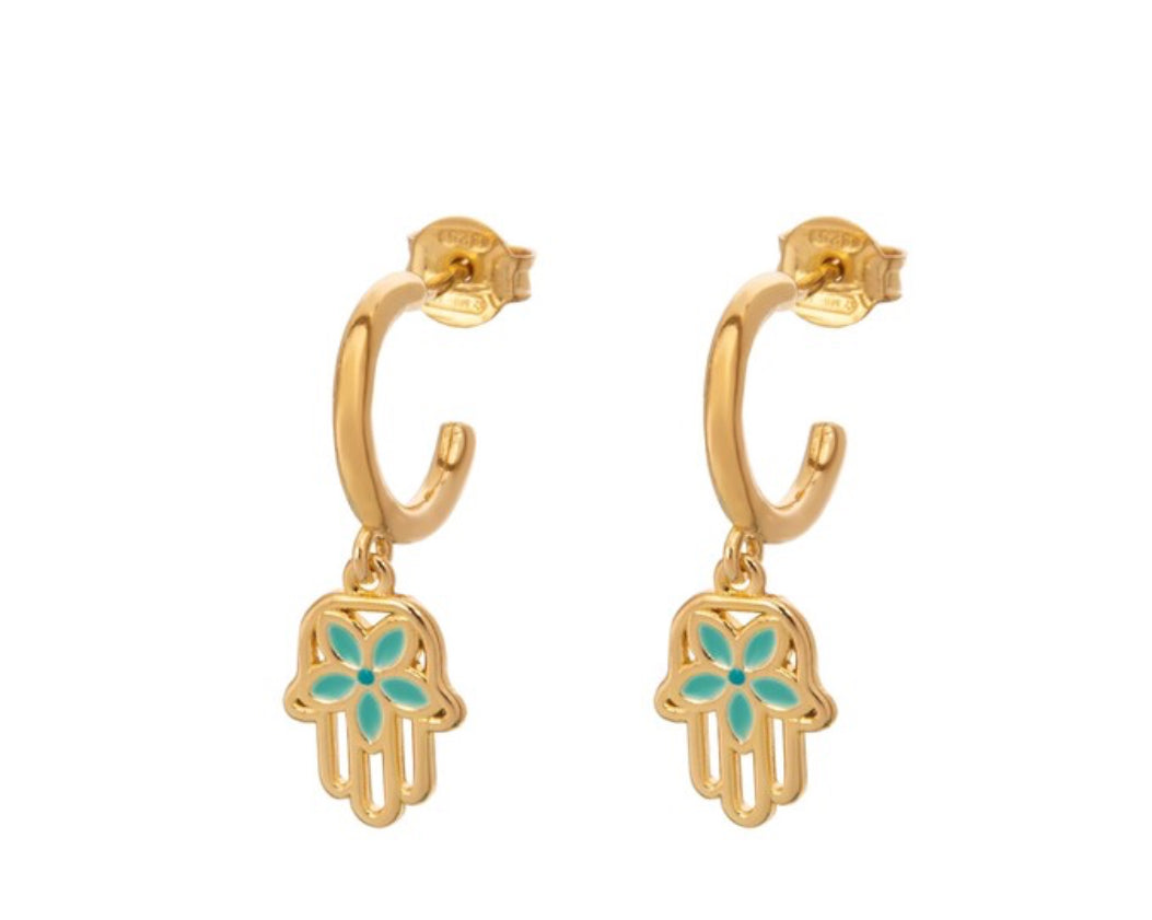 Ασημένια 925 Επιχρυσωμένα Σκουλαρίκια με Χέρι Φατίμα και Τιρκουάζ Σμάλτο