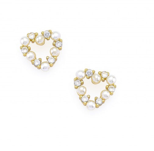 Heart Stud Earrings with Pearls and Zircons Made of Gold Plated Silver 925
