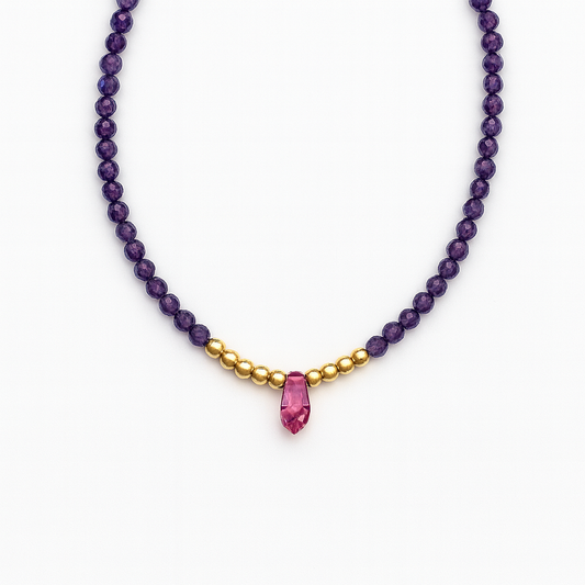 Χειροποίητο Κολιέ με Αμέθυστο, Ροζ Κρύσταλλο & Επιχρυσωμένες Ασημένιες Λεπτομέρειες