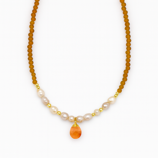 Χειροποίητο Κολιέ 925 με Μαργαριτάρια, Κορνεόλη & Κρυστάλλινες Χάντρες