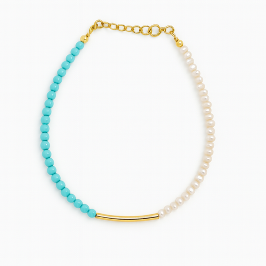 Χειροποίητο Βραχιόλι με Τυρκουάζ & Μαργαριτάρια – Επιχρυσωμένο Ασήμι 925