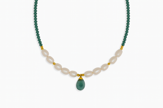 Χειροποίητο Κολιέ 925 με Μαργαριτάρια , Αμαζονίτη και Κρυστάλλινες Χάντρες