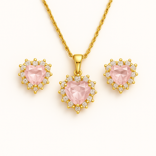 Σετ Κολιέ & Σκουλαρίκια Καρδιά Ροζ  Ζιργκόν