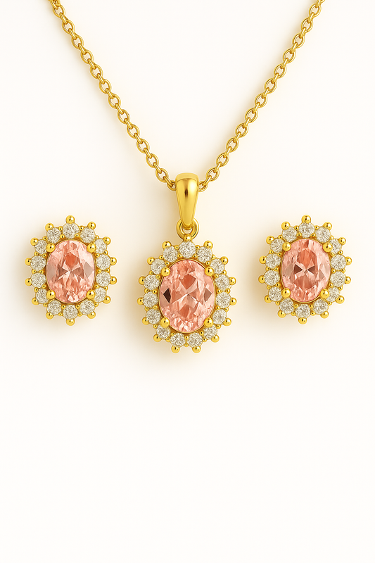 Σετ Ροζ Οβάλ Κολιέ & Σκουλαρίκια Καρφωτά 925