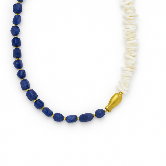 Χειροποίητο Κολιέ 925 με Όστρακα και Σοδάλιθο και Ψαράκι