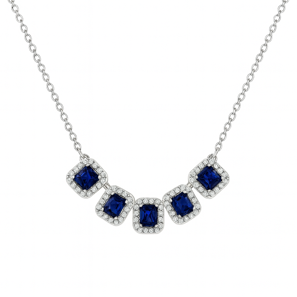 Κολιέ 925 με Σκούρες Μπλε Τετράγωνες Πέτρες & Λευκά Ζιργκόν