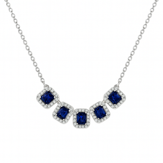 Κολιέ 925 με Σκούρες Μπλε Τετράγωνες Πέτρες & Λευκά Ζιργκόν