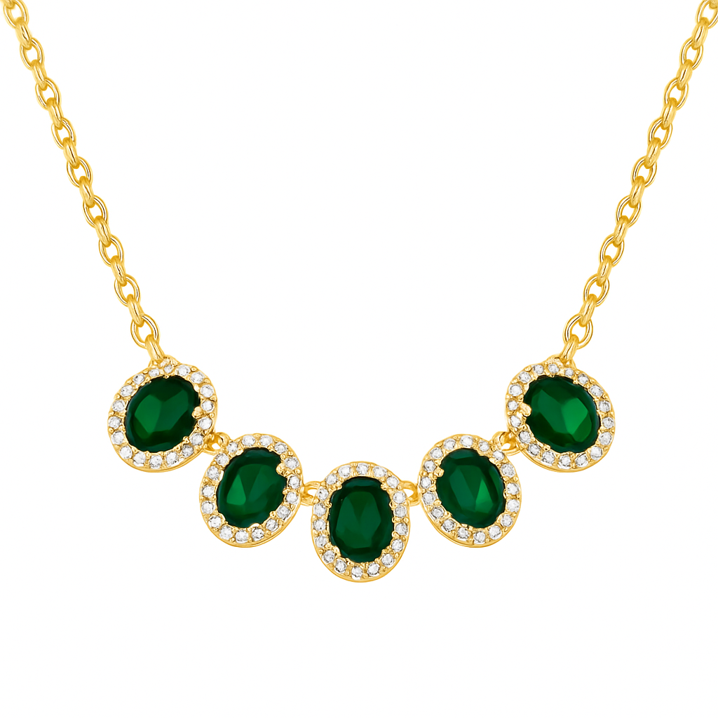 Κολιέ 925 με Οβάλ Πράσινες Πέτρες & Λευκά Ζιργκόν