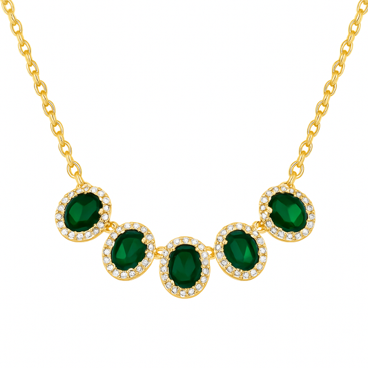 Κολιέ 925 με Οβάλ Πράσινες Πέτρες & Λευκά Ζιργκόν