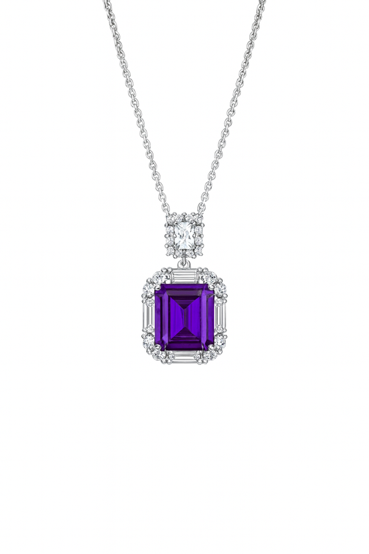 Κολιέ 925 με Μωβ Princess Cut Πέτρα & Διάφανα Ζιργκόν