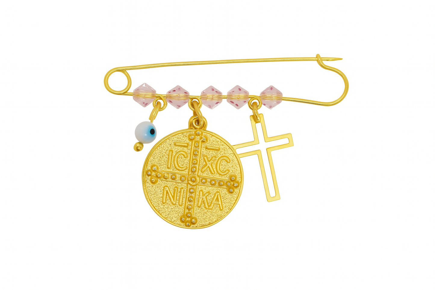 Ασημένια Επιχρυσωμένη Παραμάνα με Κωνσταντινάτο, Ροζ Κρυστάλλινες Χάντρες, Σταυρό & Μάτι – Φυλαχτό για Κορίτσι