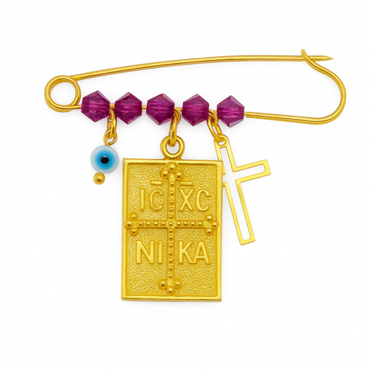 Ασημένια Επιχρυσωμένη Παραμάνα με Κωνσταντινάτο, Σταυρό, Μάτι & Φούξια Κρυστάλλινες Χάντρες – Φυλαχτό για Κορίτσι