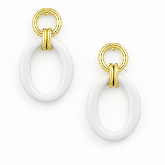 Ασημένια 925 Επιχρυσωμένα Σκουλαρίκια Οβάλ με Λευκό Σμάλτο