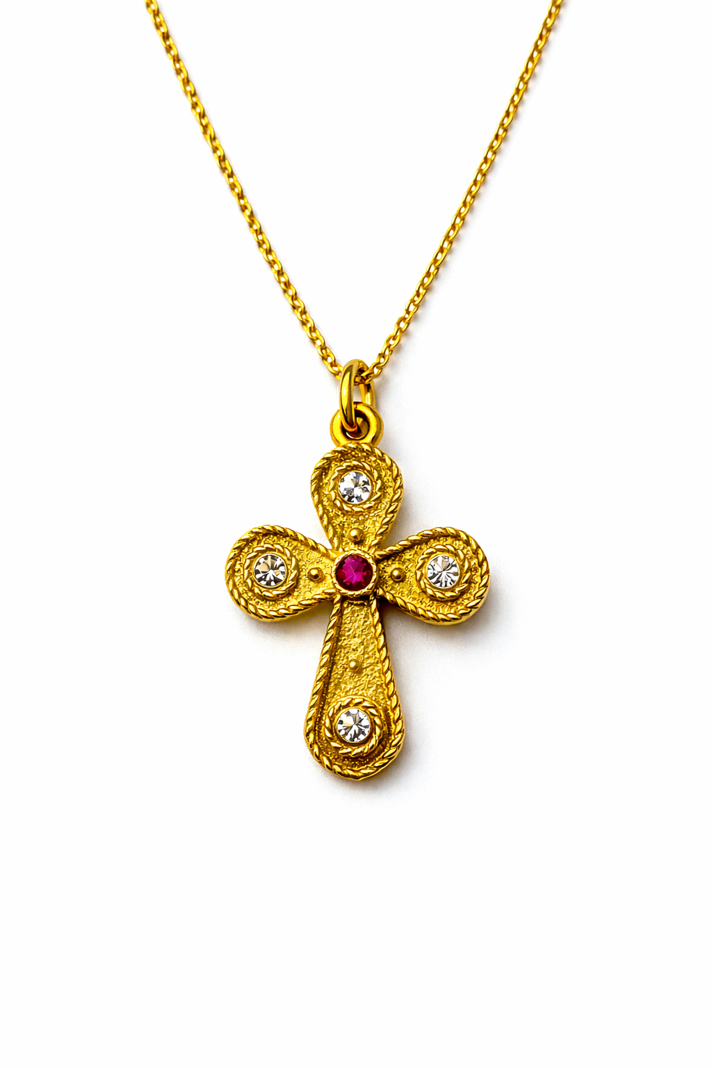 Κολιέ με Σταυρο 925 Βυζαντινού Τύπου με Κόκκινη Πέτρα