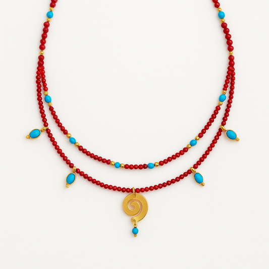 Χειροποίητο Διπλό Κολιέ με Κοράλλια, Τιρκουάζ και Επιχρυσωμένα Ασημένια 925 Στοιχεία