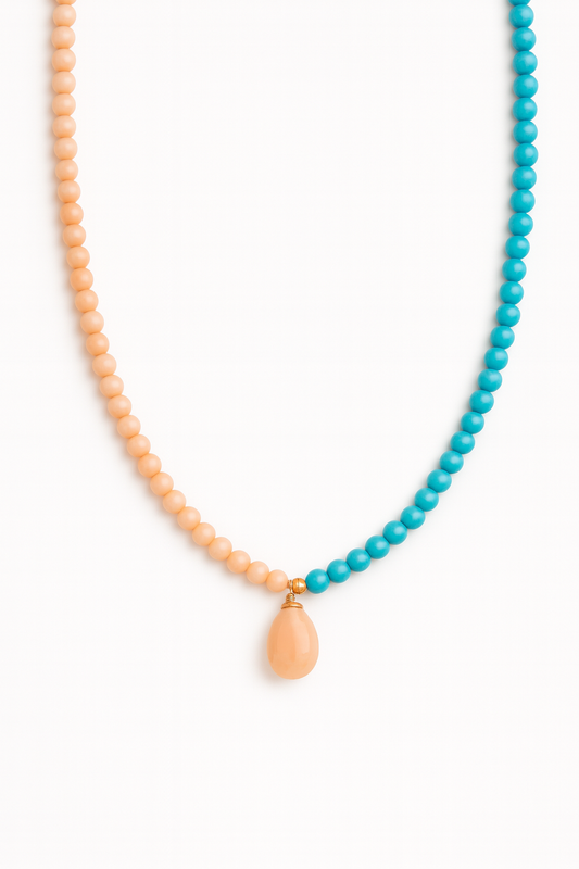 Χειροποίητο 925 Κολιέ με Κοράλλι, Τυρκουάζ και Ροζ Χαλαζία