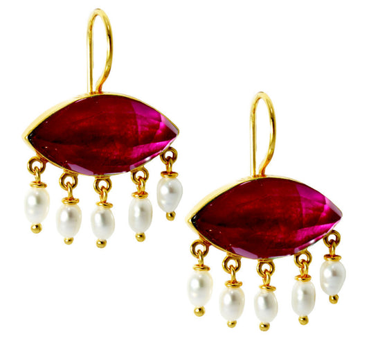 Σκουλαρίκια Κρεμαστά 925 με Ορυκτή Πέτρα και Μαργαριτάρια