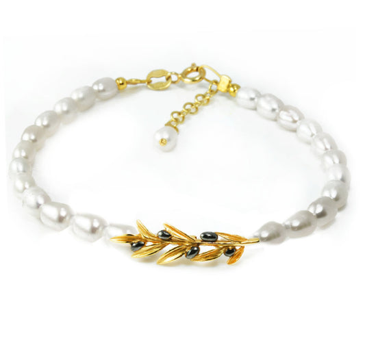 Βραχιόλι 925 Επιχρυσωμένο με Κλαδί Ελιάς και Μαργαριτάρια