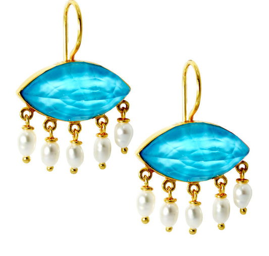 Σκουλαρίκια Κρεμαστά 925 με Ορυκτή Πέτρα και Μαργαριτάρια