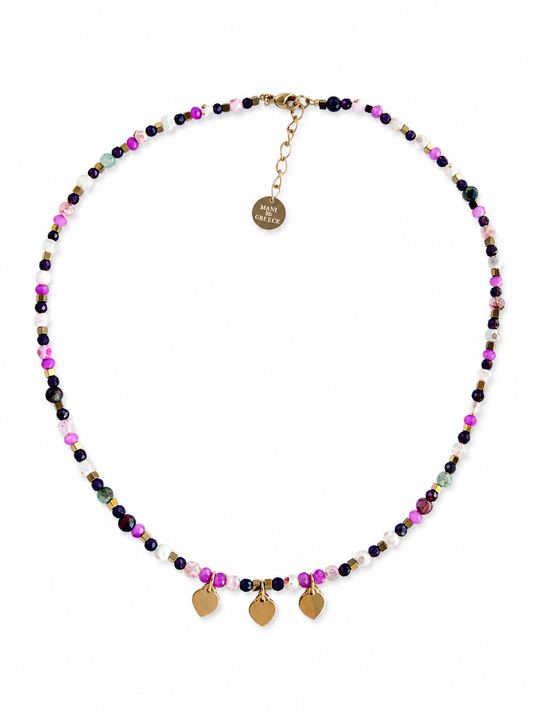 “Summer Heart Beaded” Χειροποίητο Κολιέ με Ημιπολύτιμες Πέτρες και Κρεμαστές Καρδούλες