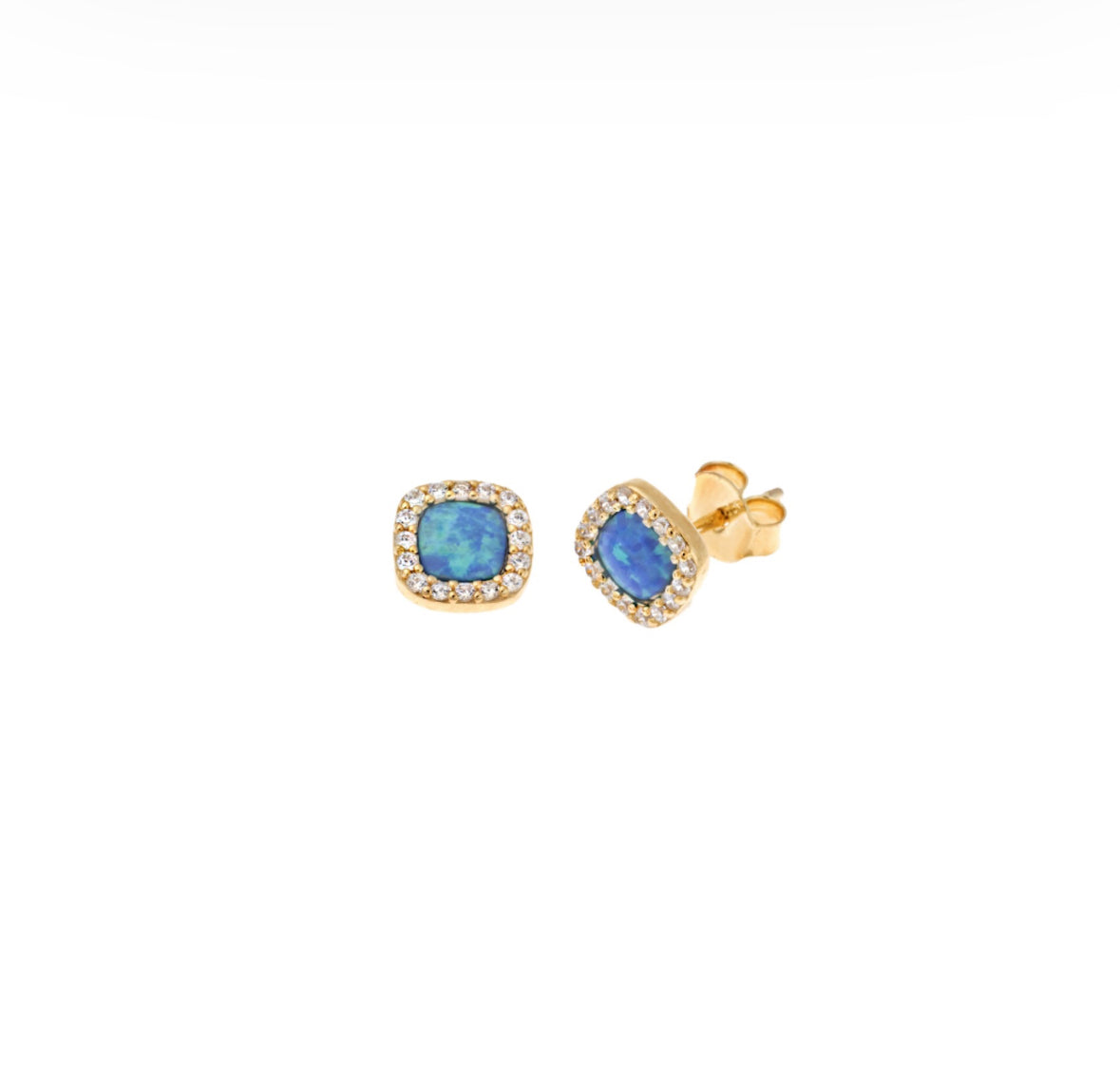 Silver Gold Plated Stud Earrings with Blue Opal and Zircon – Square Design