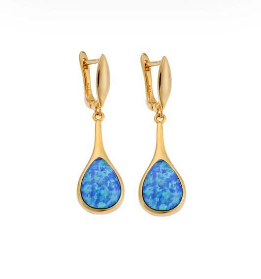 Ασημένια Επιχρυσωμένα Σκουλαρίκια με Μπλε Οπάλ – Δάκρυ Σταγόνα με Κούμπωμα Κρίκο