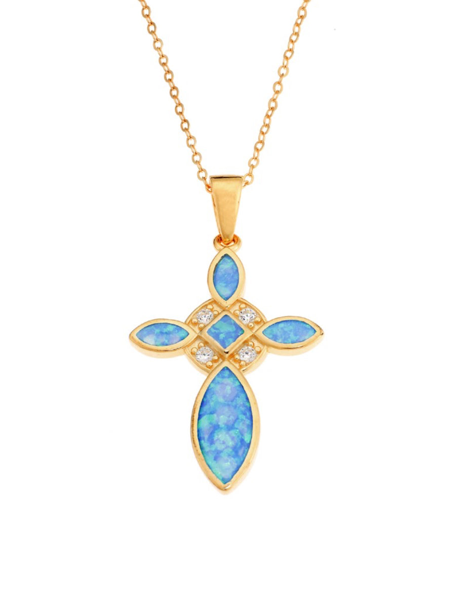 Silver Gold Plated Cross with Blue Opal and Zircon