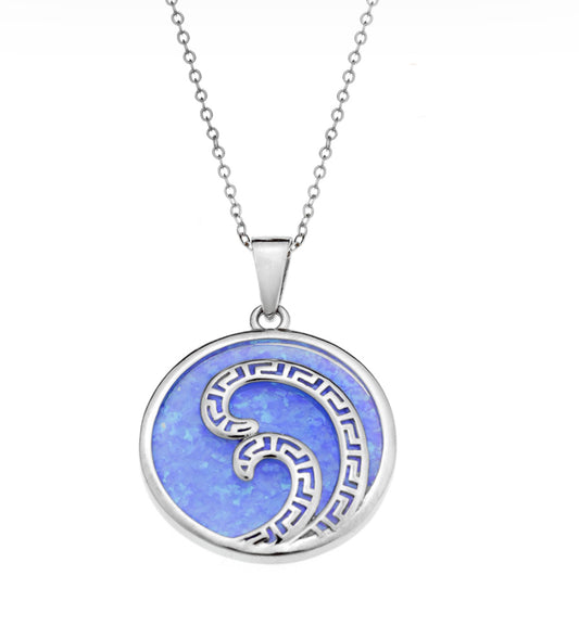 Ασημένιο Κολιέ με Γαλάζιο Οπάλ και Μοτίβο Κύμα & Μαίανδρο – Μενταγιόν 925 με Ελληνική Έμπνευση