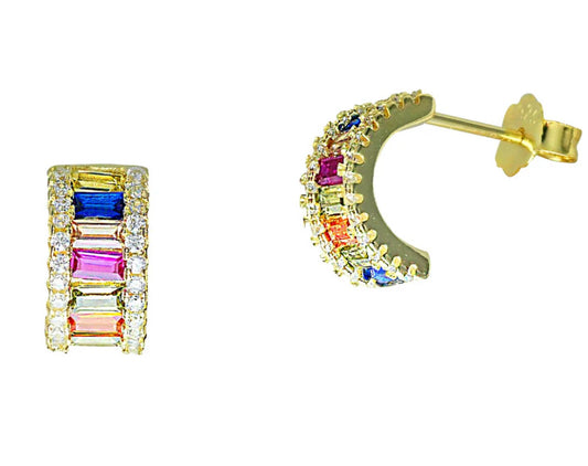 Επιχρυσωμένα Σκουλαρίκια Μισός Κρίκος από Ασήμι 925 με Πολύχρωμες Ζιργκόν Rainbow