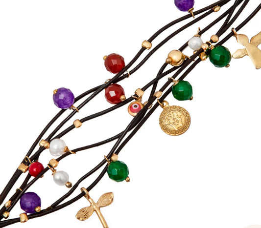 Ασημένιο Επιχρυσωμένο 925 Βραχιόλι με Δερμάτινο Κορδόνι & Ορυκτές Πέτρες