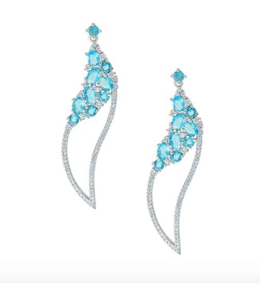 Ασημένια Μακριά Σκουλαρίκια 925 με γαλάζια Ζιργκόν και Διάφανες Πέτρες