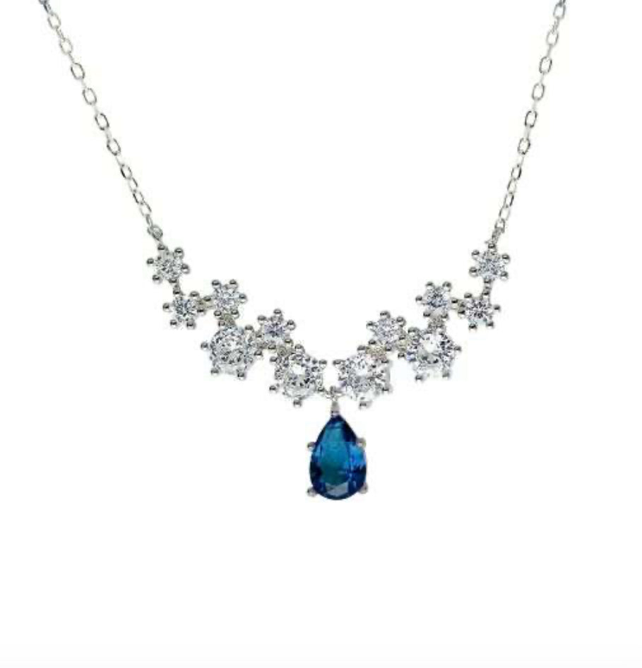 925 Silver Necklace with White Zircons and Blue Teardrop Stone