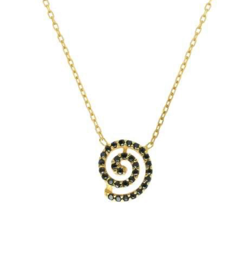 Gold Plated 925 Silver Necklace with Black Zircons and Spiral Pendant