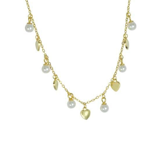 Επιχρυσωμένο Κολιέ από Ασήμι 925 με Καρδιές και Λευκές Πέρλες