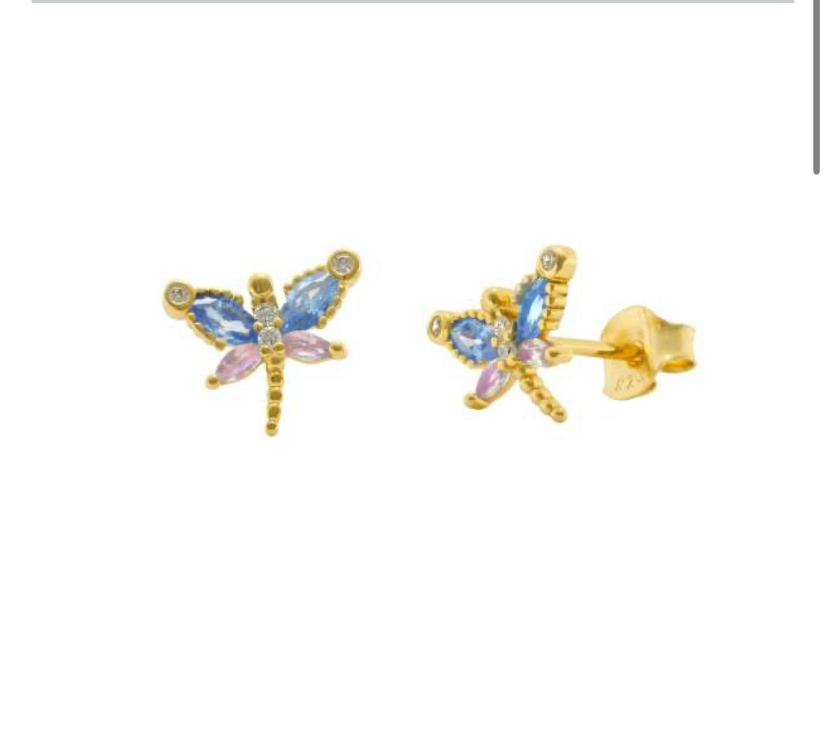 925 Silver Gold Plated Dragonfly Earrings with Multicolored Stones
