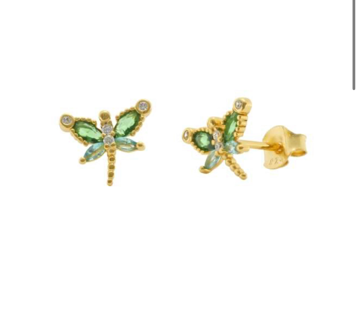925 Silver Gold Plated Dragonfly Earrings with Multicolored Stones