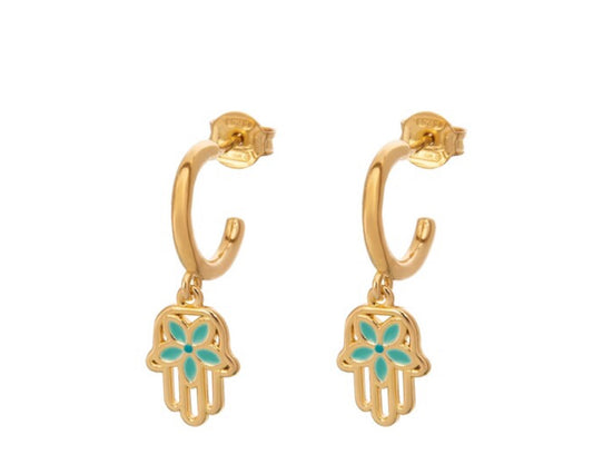 Ασημένια 925 Επιχρυσωμένα Σκουλαρίκια με Χέρι Φατίμα και Τιρκουάζ Σμάλτο