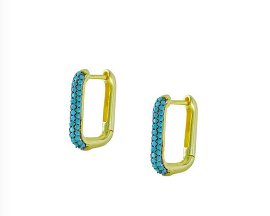 Ασημένια 925 Επιχρυσωμένα Ορθογώνια Σκουλαρίκια  παβέ με Τιρκουάζ Ζιρκόν