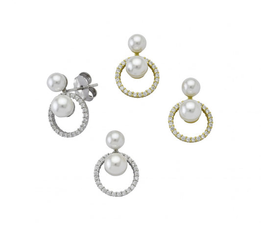 Σκουλαρίκια Διπλή Μαργαριτάρα με Κρίκο Ζιργκόν – Ασήμι 925 & Επιχρυσωμένα