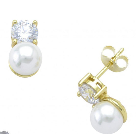 Καρφωτά Σκουλαρίκια Μαργαριτάρι και Ζιργκόν από Επιχρυσωμένο Ασήμι 925